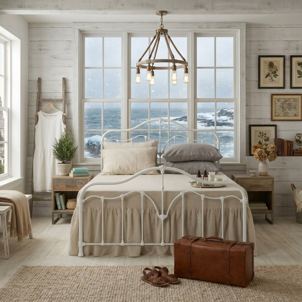 A white metal bed frame with a ruffled footboard and matching headboard, dressed in beige bedding, set in a rustic coastal-style bedroom with large windows overlooking the ocean.