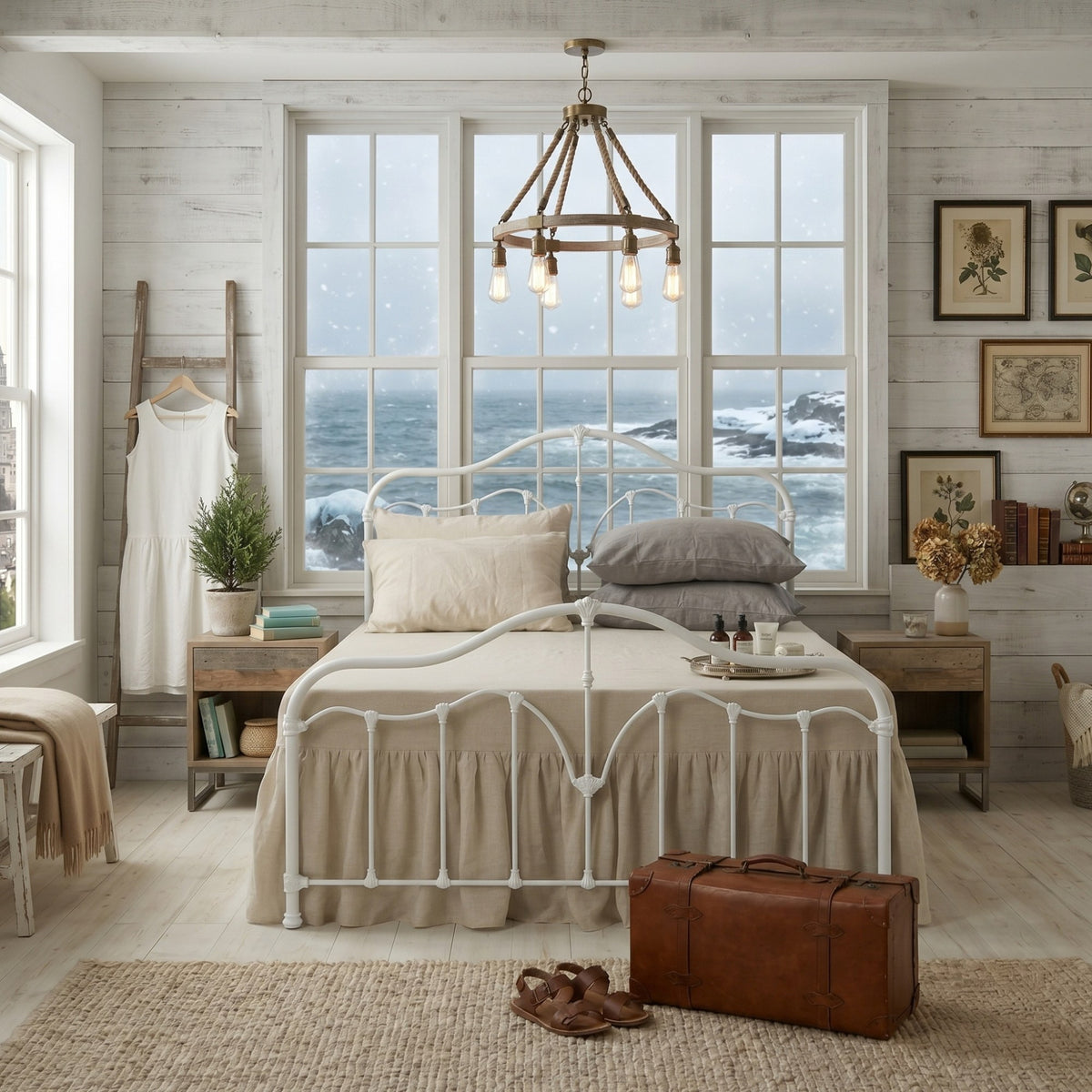A white metal bed frame with a ruffled footboard and matching headboard, dressed in beige bedding, set in a rustic coastal-style bedroom with large windows overlooking the ocean.