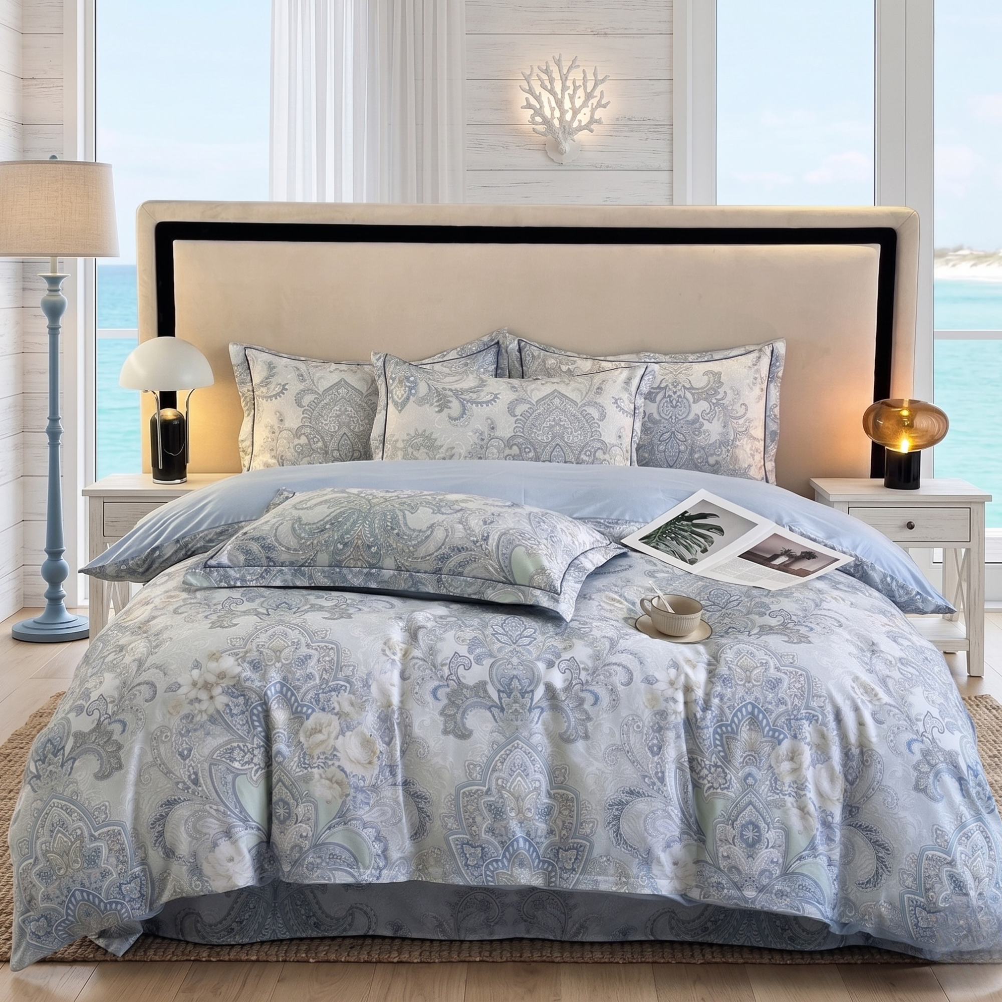 Blue Grey Floral Cotton Bedding Set – Elegant Luxury Duvet Cover & Pillowcases