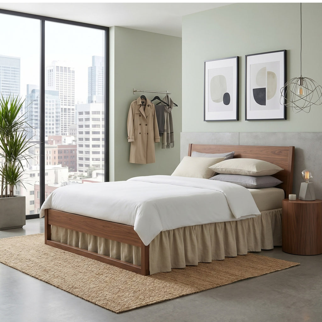 A modern wooden bed frame with a matching skirted base, dressed in white bedding and beige pillows, styled in a contemporary bedroom with a city view, a woven rug, and a side table.
