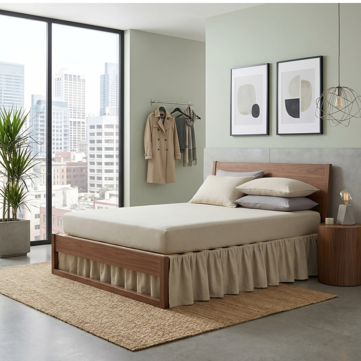 A modern wooden bed frame with a beige mattress and matching bed skirt, styled in a contemporary bedroom with a city view, beige rug, and matching wood nightstand.