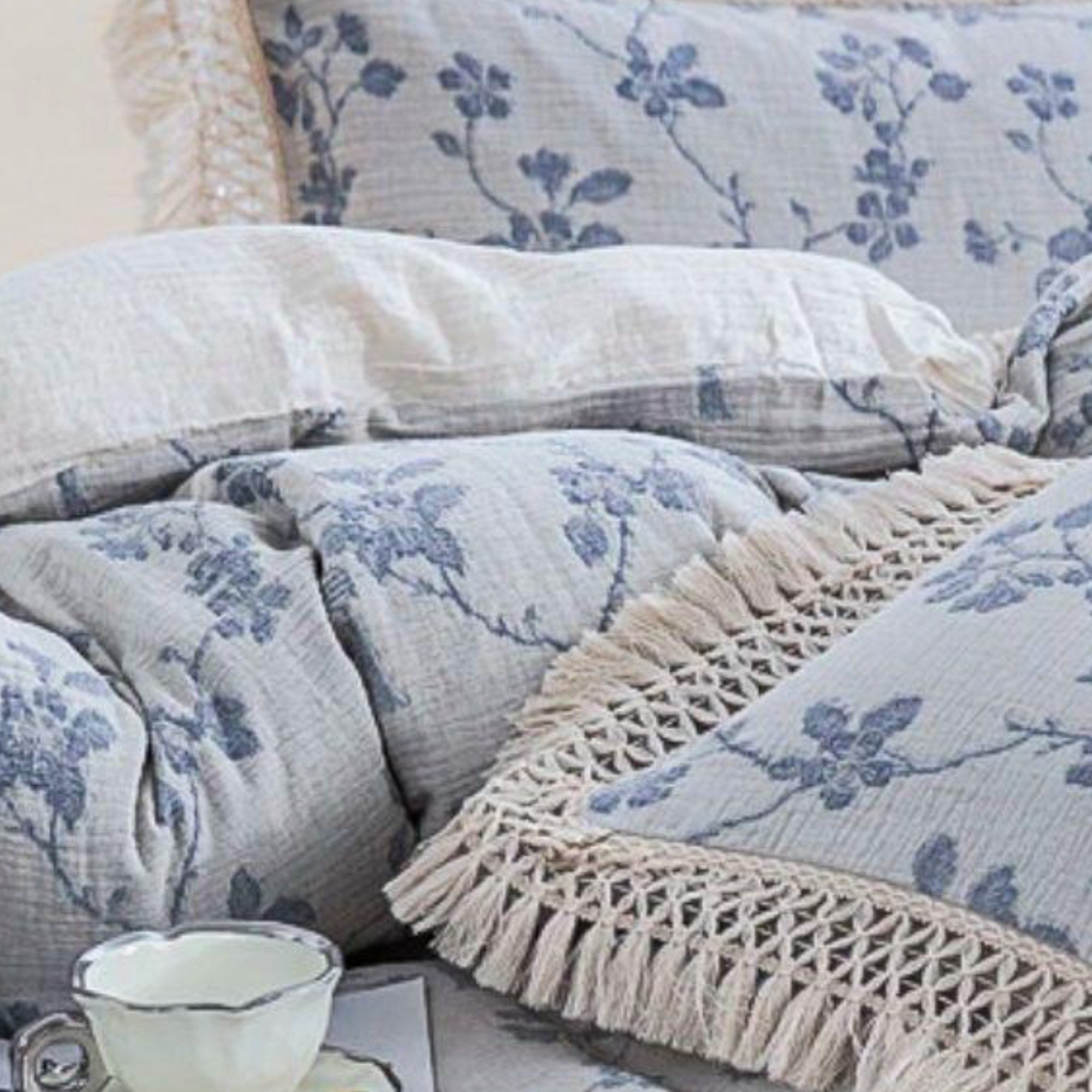 Floral Linen Bedding Set with Tassels | Vintage Cottagecore Duvet Cover