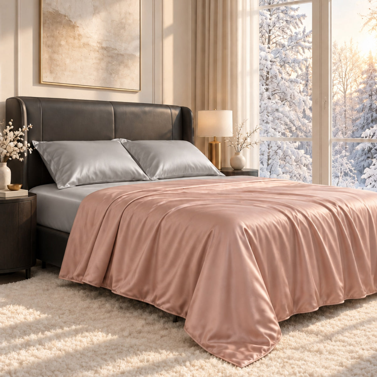 A bed dressed in a satin-like dusty pink silk duvet cover and matching gray pillows, placed in a softly lit bedroom with a dark upholstered headboard, bedside tables, and large windows showing a snowy outdoor scene.