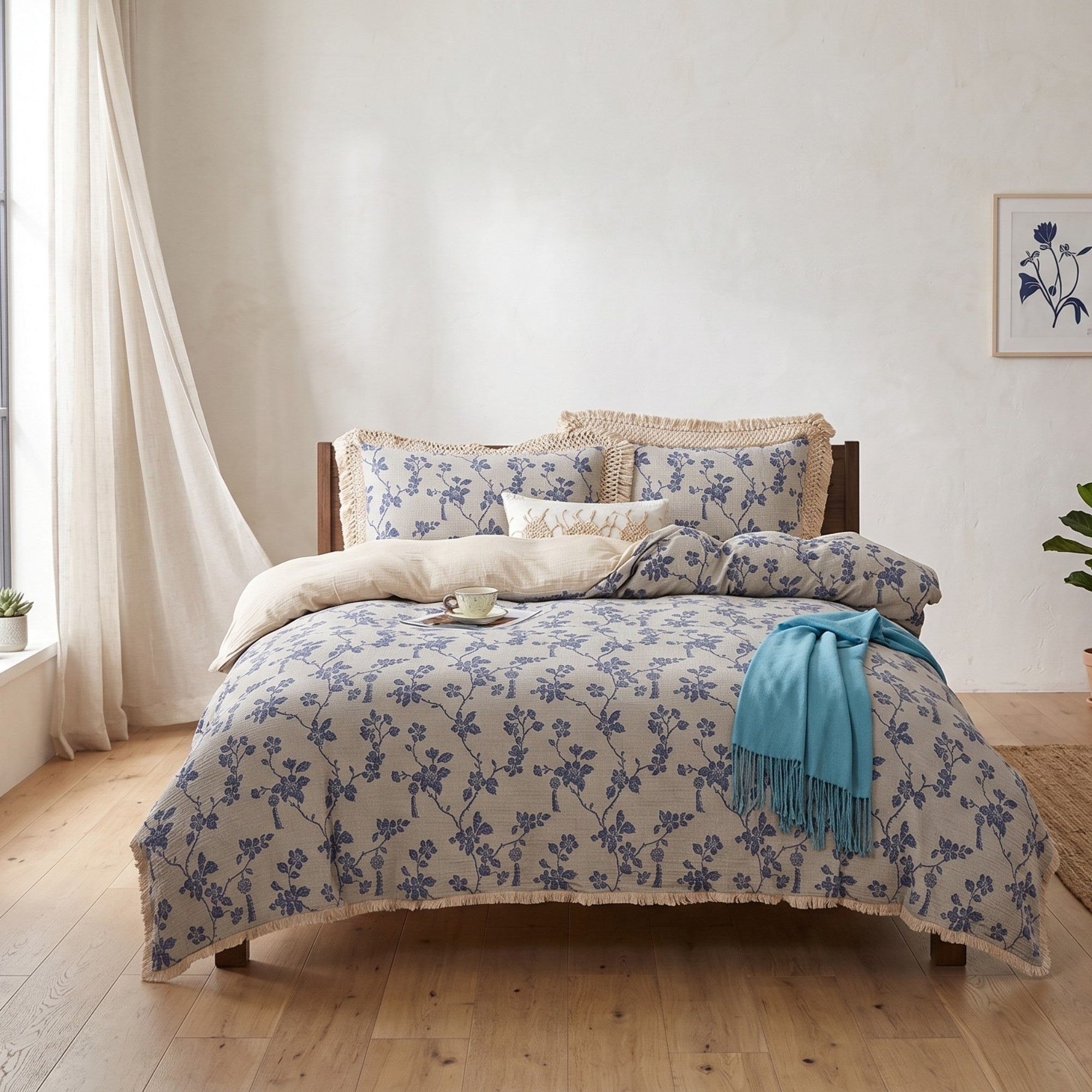 Floral Linen Bedding Set with Tassels | Vintage Cottagecore Duvet Cover