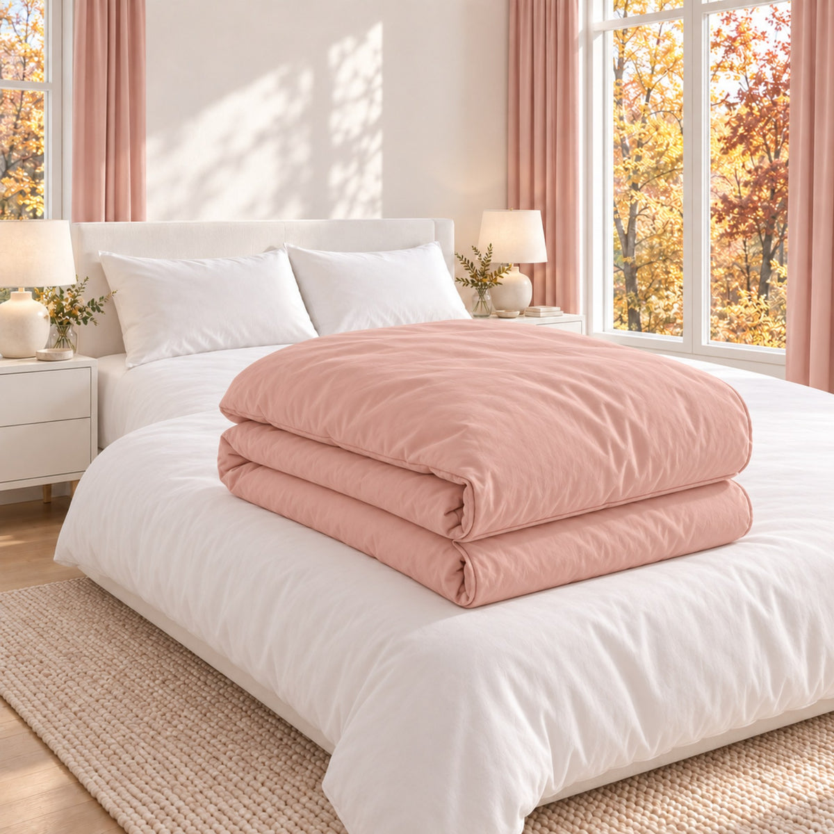 A folded dusty pink duvet is stacked on top of a neatly made white bed in a bright, modern bedroom with pink curtains, bedside tables, and large windows showing autumn trees outside.