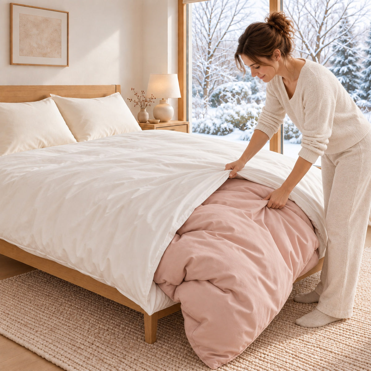 A woman in a cozy cream-colored pajama set is making the bed, lifting a dusty pink silk duvet to reveal a white duvet cover underneath. The scene is set in a bright, modern bedroom with a wooden bed frame, a warm lamp, and a large window showing a snowy outdoor view.