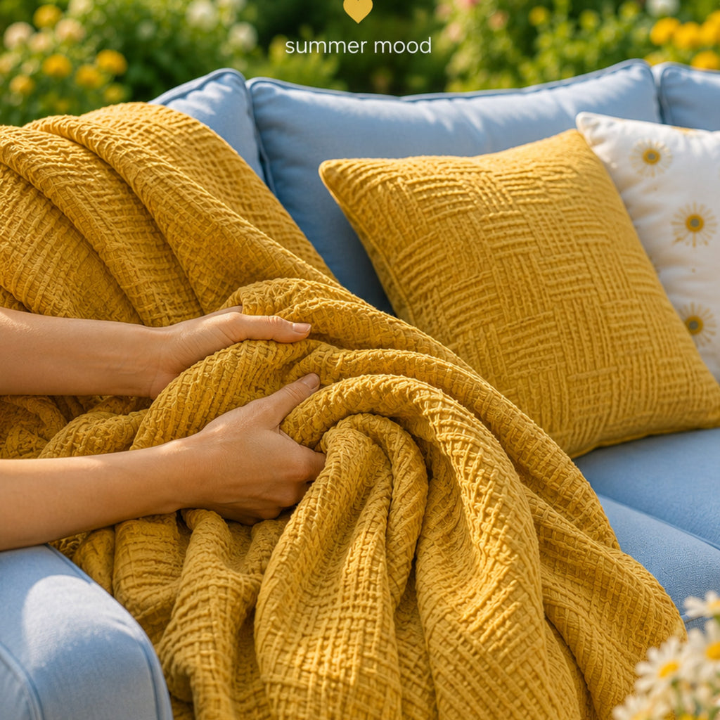 Dusty Blue Waffle Cotton Throw Blanket for Couch and Bed