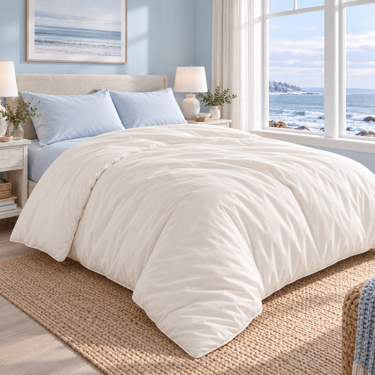 A neatly made bed in a bright coastal bedroom, featuring a cream-colored satin with silk feeling duvet and light blue pillows. The room has a window looking out to the ocean, a beige headboard, bedside tables with lamps, and a woven jute rug.