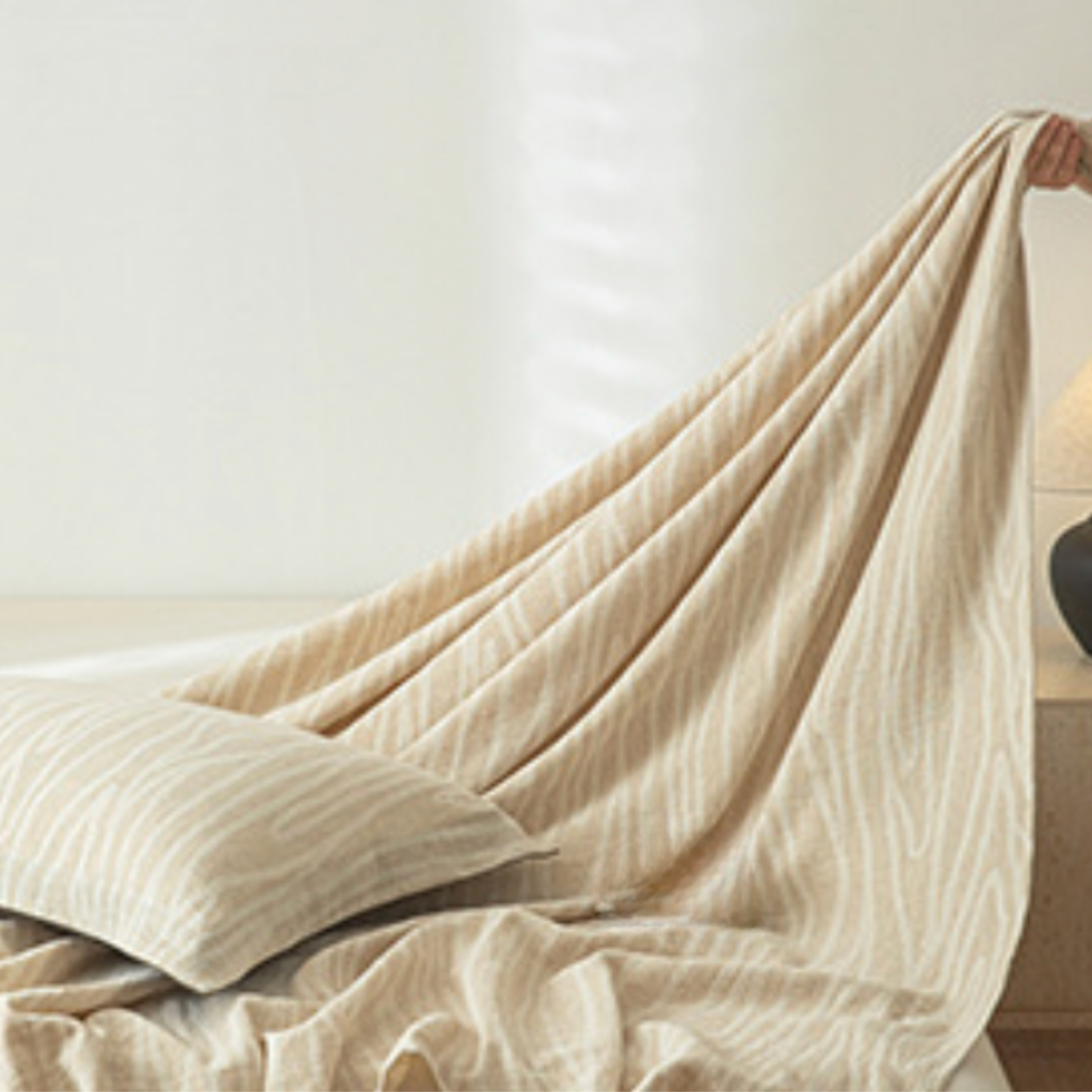 Minimalist Beige Throw Blanket - Soft Textured Cotton Linen Coverlet