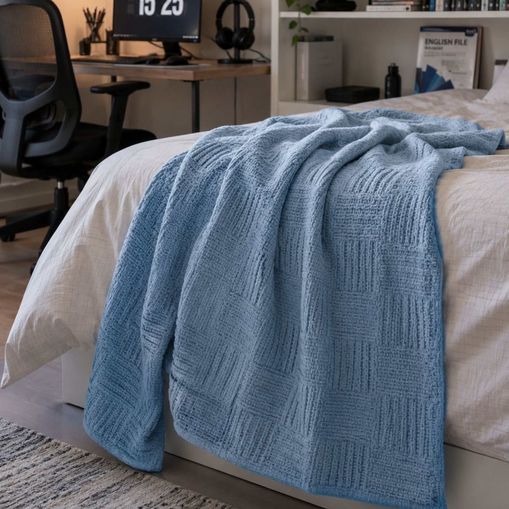 Dusty Blue Waffle Cotton Throw Blanket for Couch and Bed