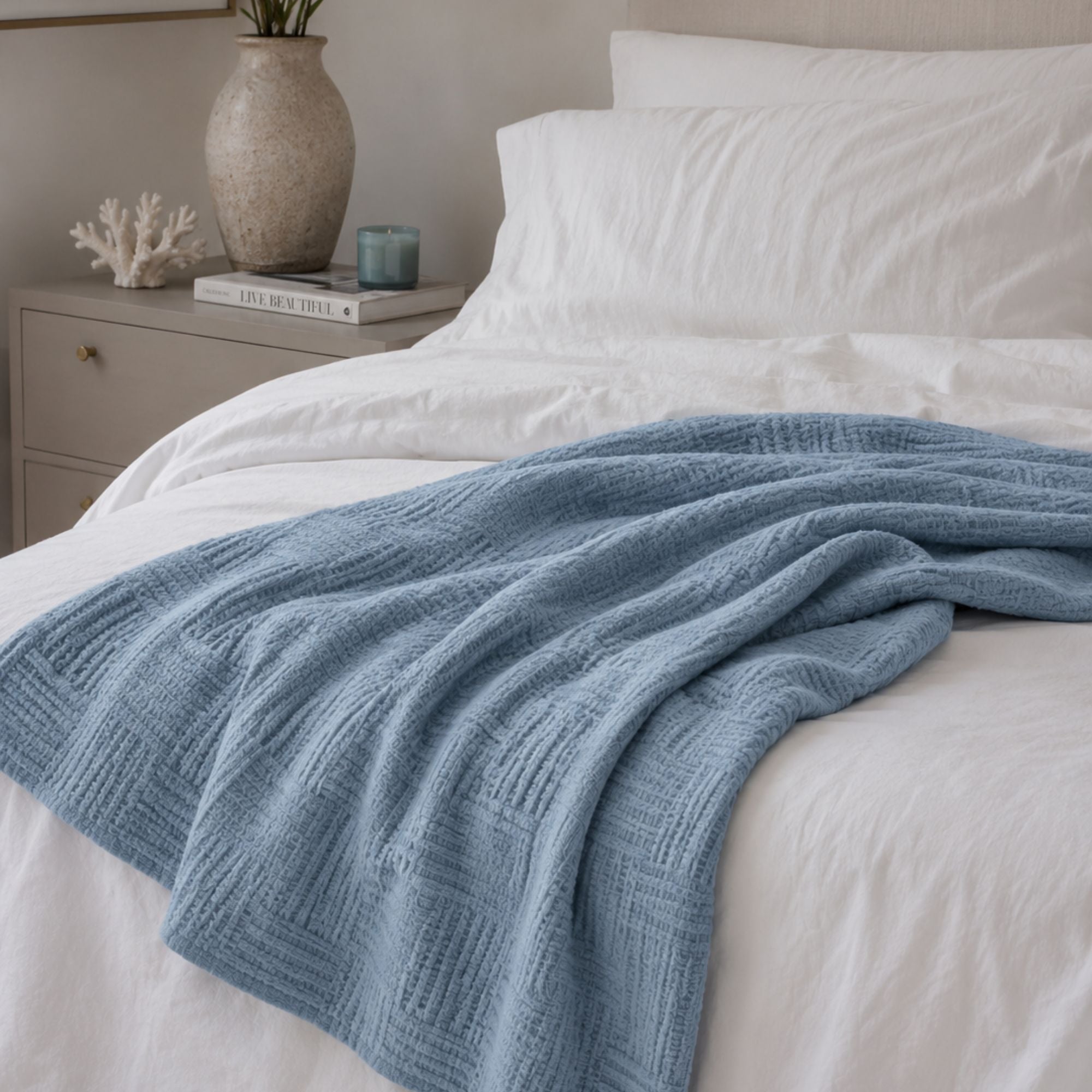Dusty Blue Waffle Cotton Throw Blanket for Couch and Bed