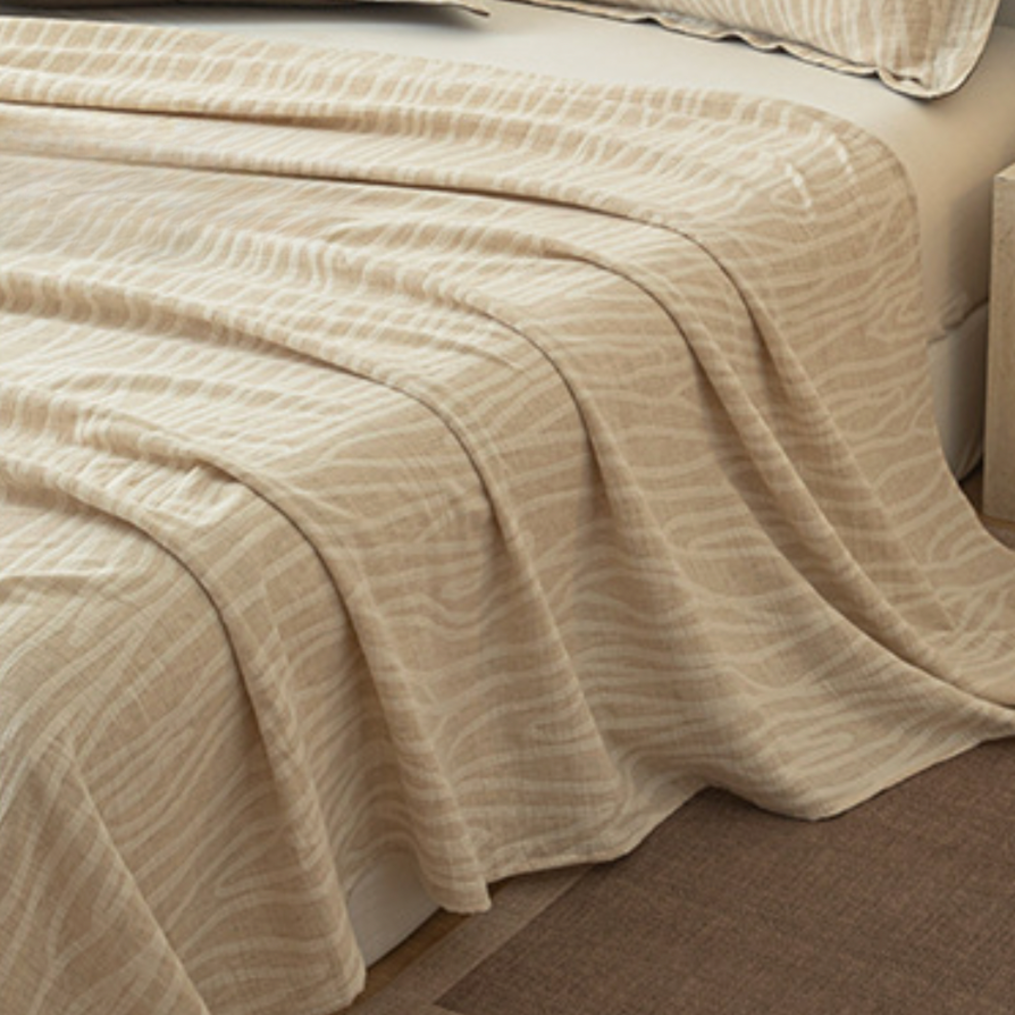 Minimalist Beige Throw Blanket - Soft Textured Cotton Linen Coverlet