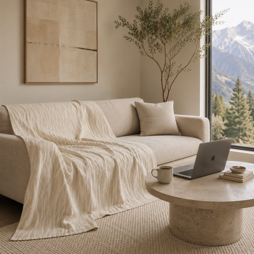 Cozy living room with a beige textured cotton linen blanket.