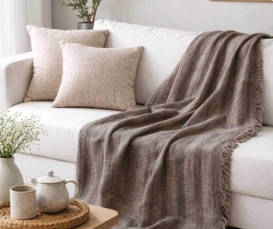 Cotton Linen Throw Blanket – Rustic Wabi-Sabi Sofa Cover