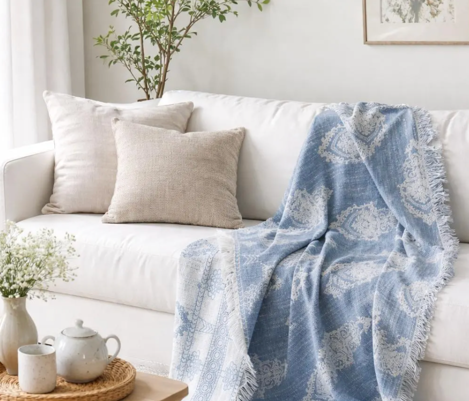 Cotton Linen Throw Blanket – Rustic Wabi-Sabi Sofa Cover