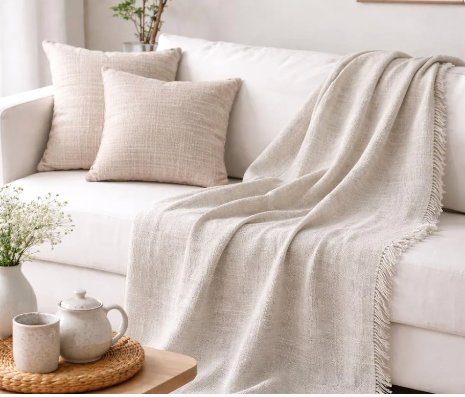Cotton Linen Throw Blanket – Rustic Wabi-Sabi Sofa Cover