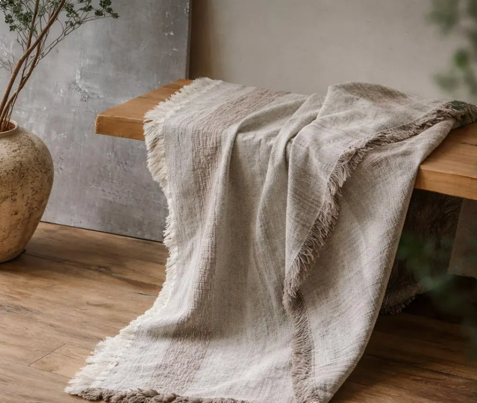 Cotton Linen Throw Blanket – Rustic Wabi-Sabi Sofa Cover