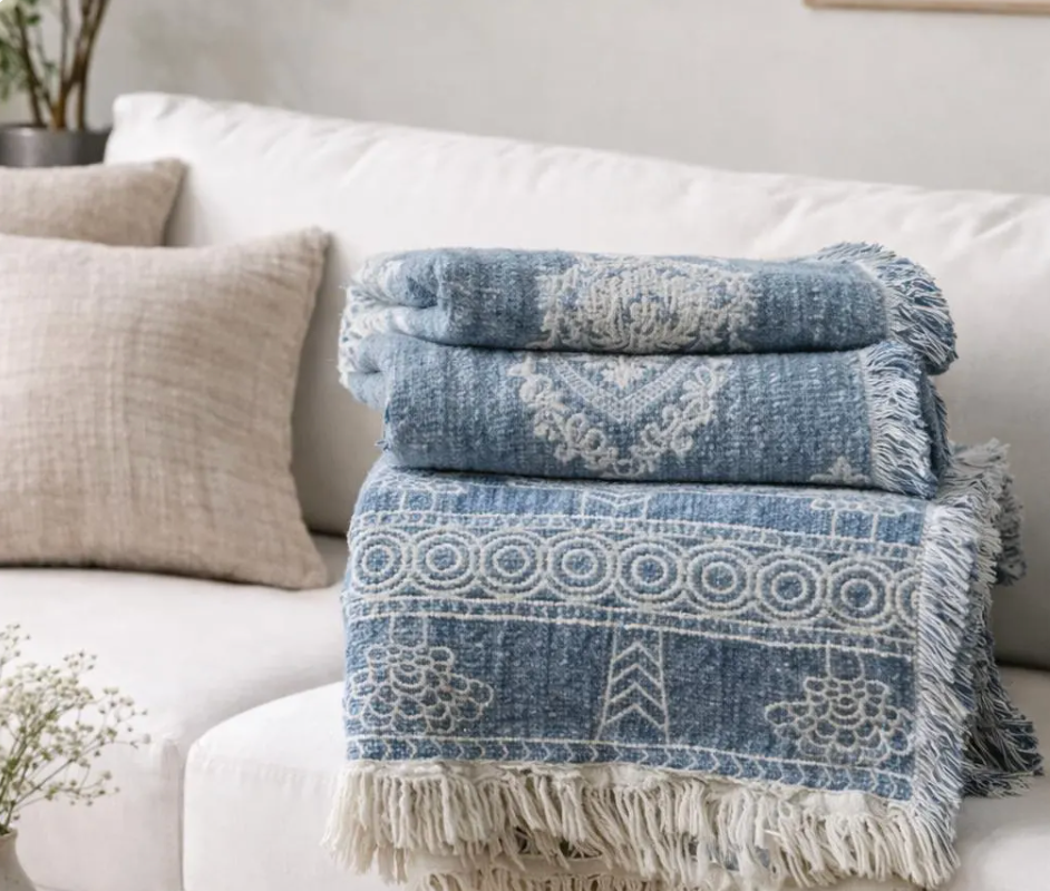 Cotton Linen Throw Blanket – Rustic Wabi-Sabi Sofa Cover