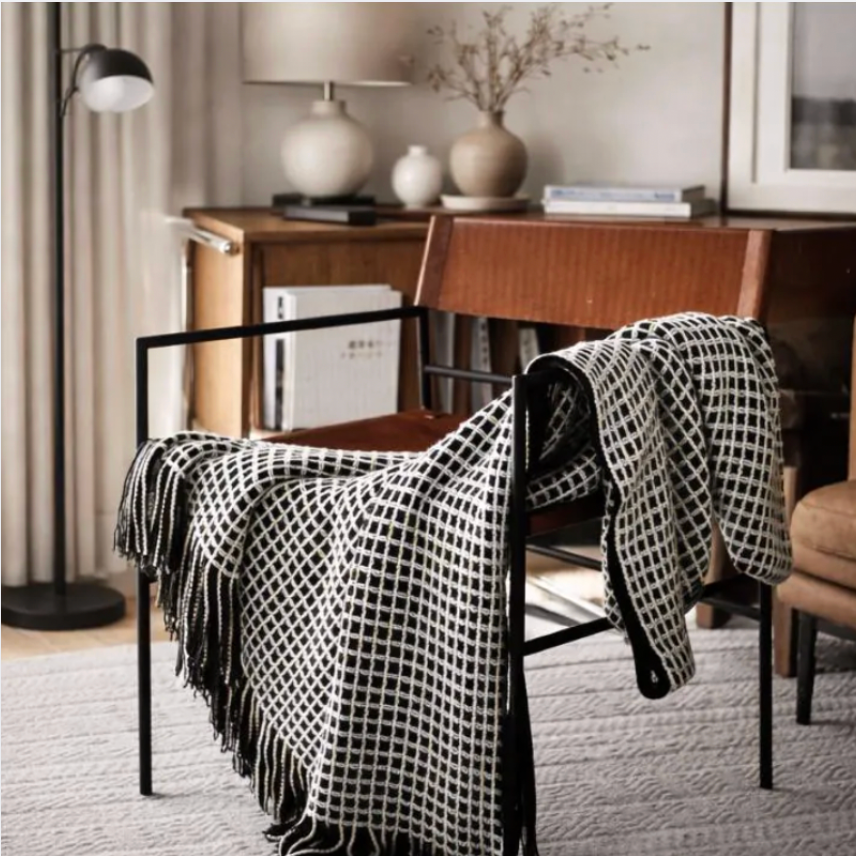 Waffle Knit Cotton Throw Blanket, Brown & Cream Grid, Fringe Edges