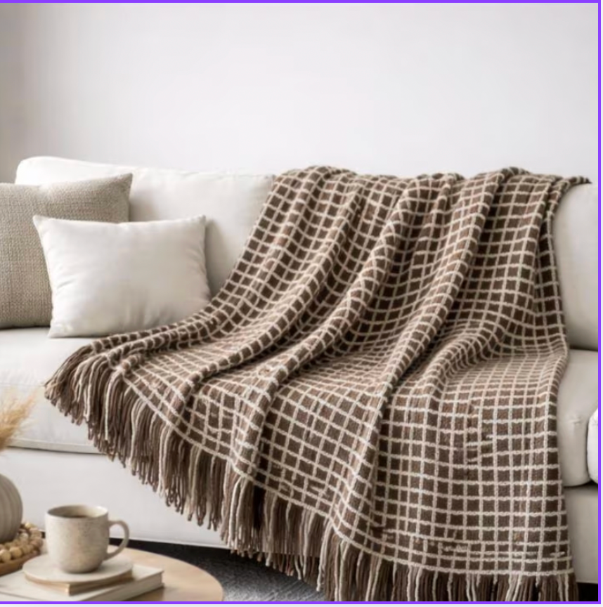 Waffle Knit Cotton Throw Blanket, Brown & Cream Grid, Fringe Edges