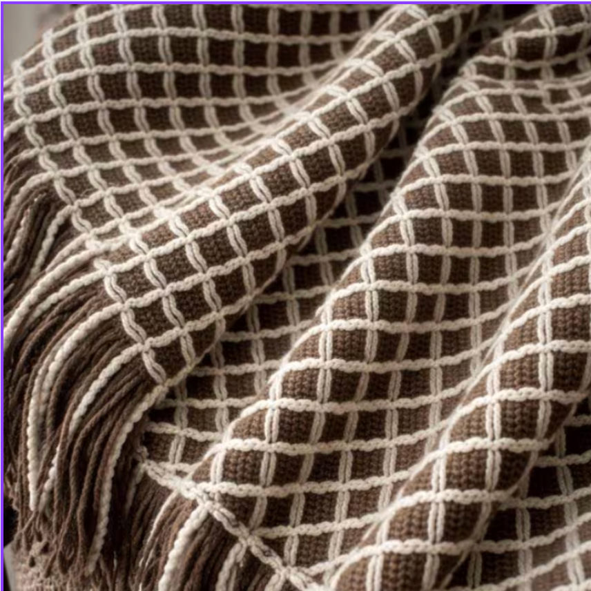 Waffle Knit Cotton Throw Blanket, Brown & Cream Grid, Fringe Edges