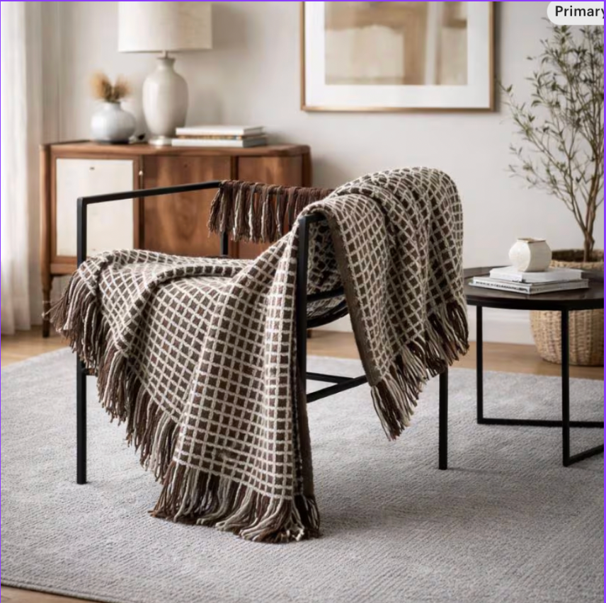 Waffle Knit Cotton Throw Blanket, Brown & Cream Grid, Fringe Edges