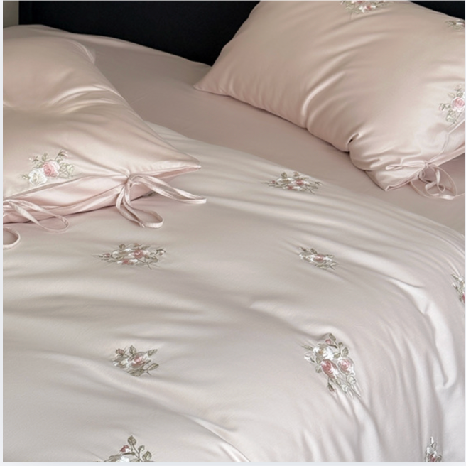 Rose Embroidery Cotton Bedding Set – Cream Floral Duvet Cover