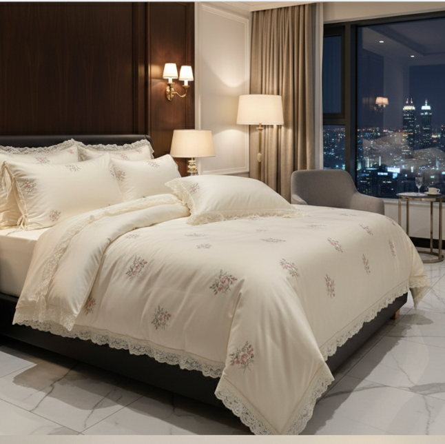 Rose Embroidery Cotton Bedding Set – Cream Floral Duvet Cover