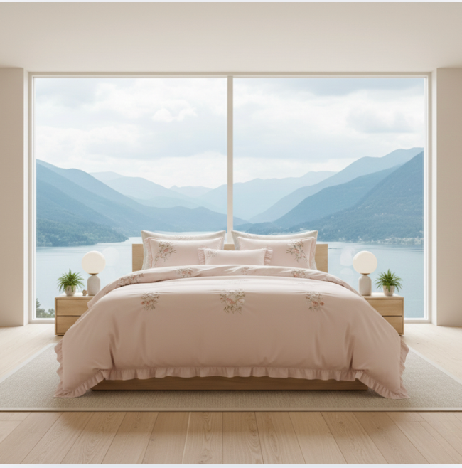 Rose Embroidery Cotton Bedding Set – Cream Floral Duvet Cover