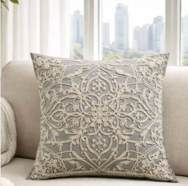 Grey Embroidered Pillow Cover, Cotton Linen Cushion Case, Nordic Decor (45x45 cm)