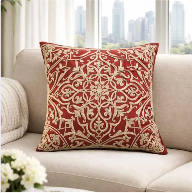 Grey Embroidered Pillow Cover, Cotton Linen Cushion Case, Nordic Decor (45x45 cm)