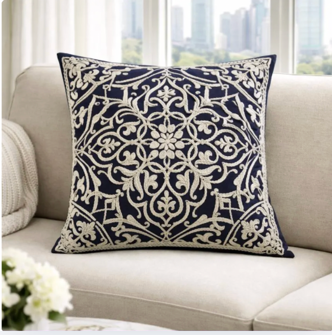 Grey Embroidered Pillow Cover, Cotton Linen Cushion Case, Nordic Decor (45x45 cm)