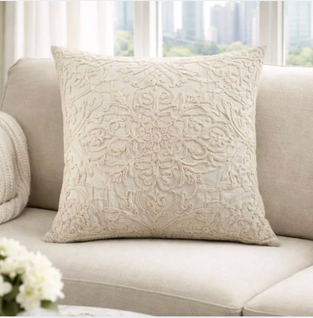 Grey Embroidered Pillow Cover, Cotton Linen Cushion Case, Nordic Decor (45x45 cm)