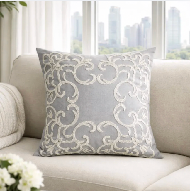 Grey Embroidered Pillow Cover, Cotton Linen Cushion Case, Nordic Decor (45x45 cm)