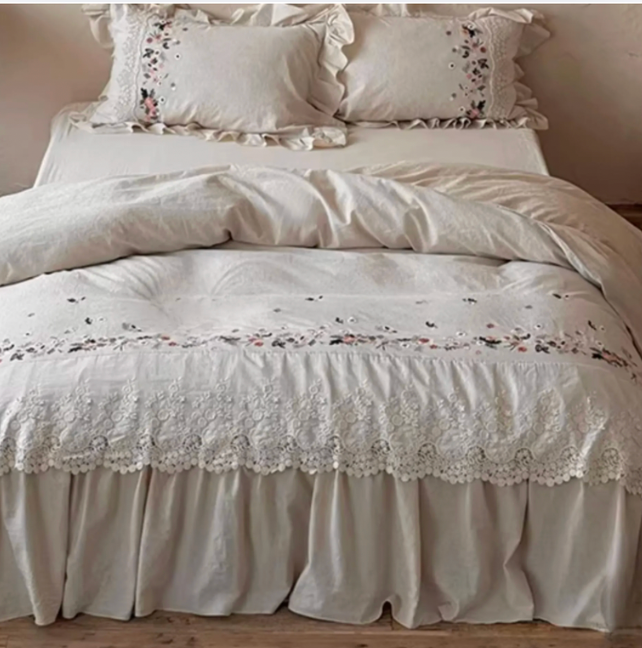 Embroidered Linen Cotton Duvet Cover Set, Vintage Lace Bedding, Floral Farmhouse Bedroom Decor