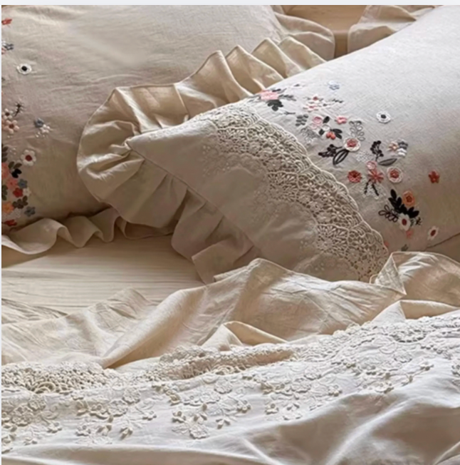 Embroidered Linen Cotton Duvet Cover Set, Vintage Lace Bedding, Floral Farmhouse Bedroom Decor