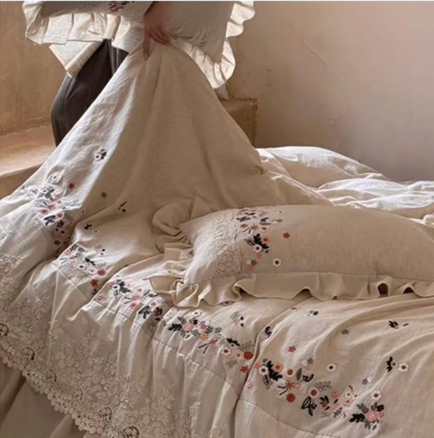 Embroidered Linen Cotton Duvet Cover Set, Vintage Lace Bedding, Floral Farmhouse Bedroom Decor