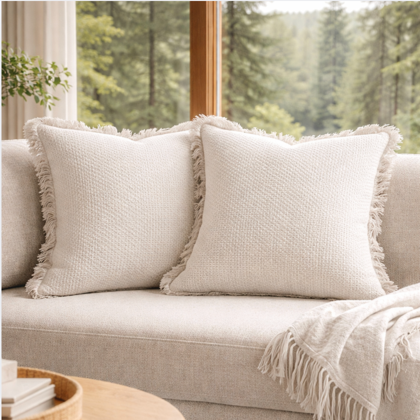 Cotton Linen Pillow Covers,Set of 2 Neutral Textured Cuschions, Beige Ivory Sofa Pillows, Minimalist Home Decor
