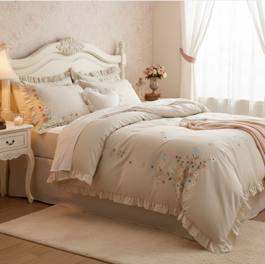 Cotton Linen Embroidered Duvet Cover Set with Sheet & Pillowcases