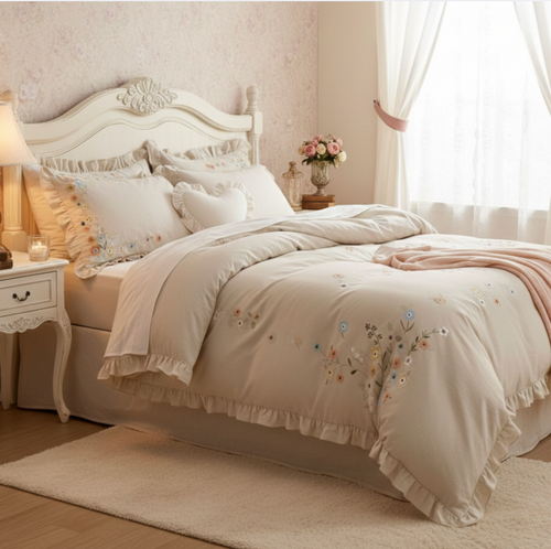 Cotton Linen Embroidered Duvet Cover Set with Sheet & Pillowcases