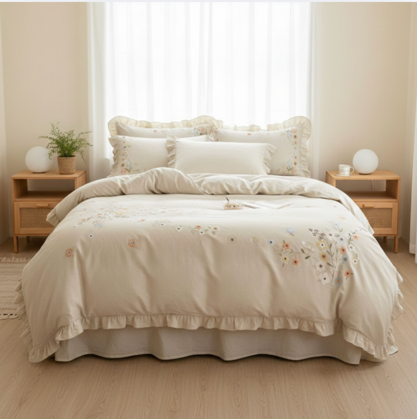 Cotton Linen Embroidered Duvet Cover Set with Sheet & Pillowcases