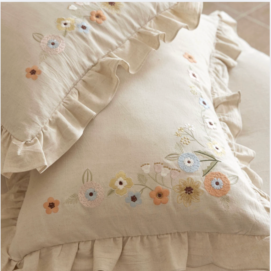 Cotton Linen Embroidered Duvet Cover Set with Sheet & Pillowcases