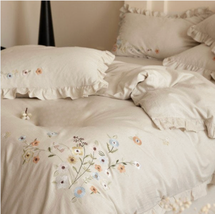 Cotton Linen Embroidered Duvet Cover Set with Sheet & Pillowcases