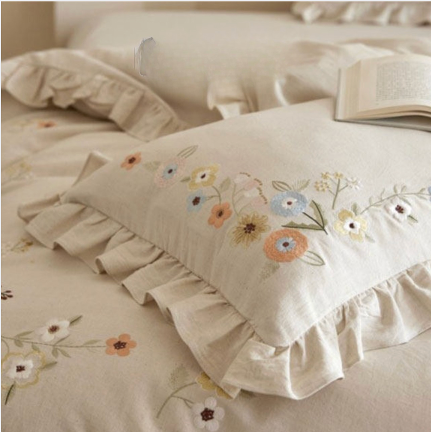 Cotton Linen Embroidered Duvet Cover Set with Sheet & Pillowcases