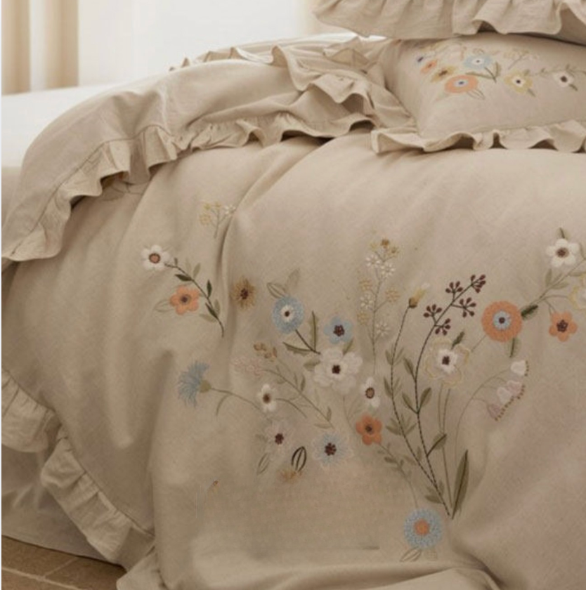 Cotton Linen Embroidered Duvet Cover Set with Sheet & Pillowcases