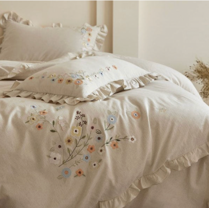 Cotton Linen Embroidered Duvet Cover Set with Sheet & Pillowcases