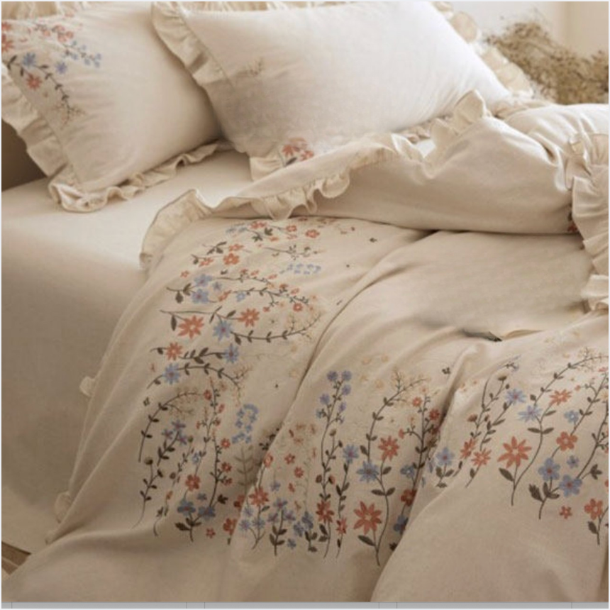Romantic Cotton Linen Embroidered Duvet Cover Set-Sheet & Pillowcases Included
