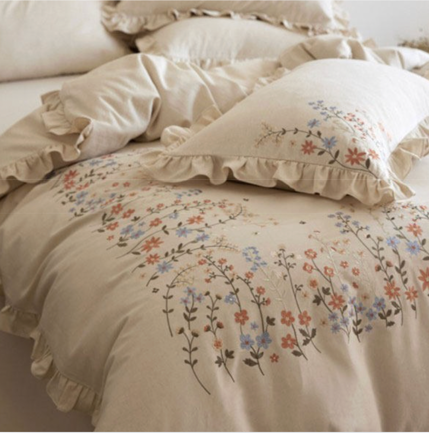 Romantic Cotton Linen Embroidered Duvet Cover Set-Sheet & Pillowcases Included