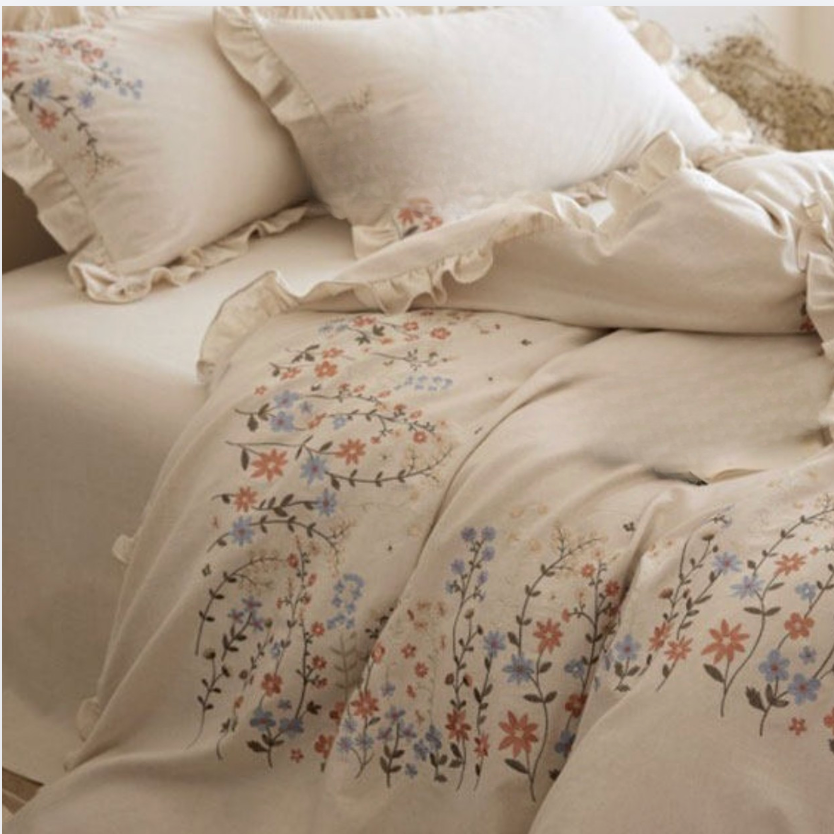 Romantic Cotton Linen Embroidered Duvet Cover Set-Sheet & Pillowcases Included