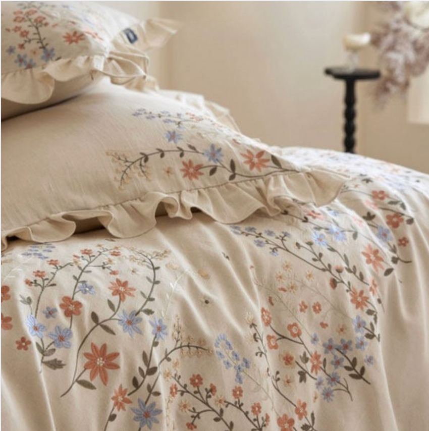Romantic Cotton Linen Embroidered Duvet Cover Set-Sheet & Pillowcases Included